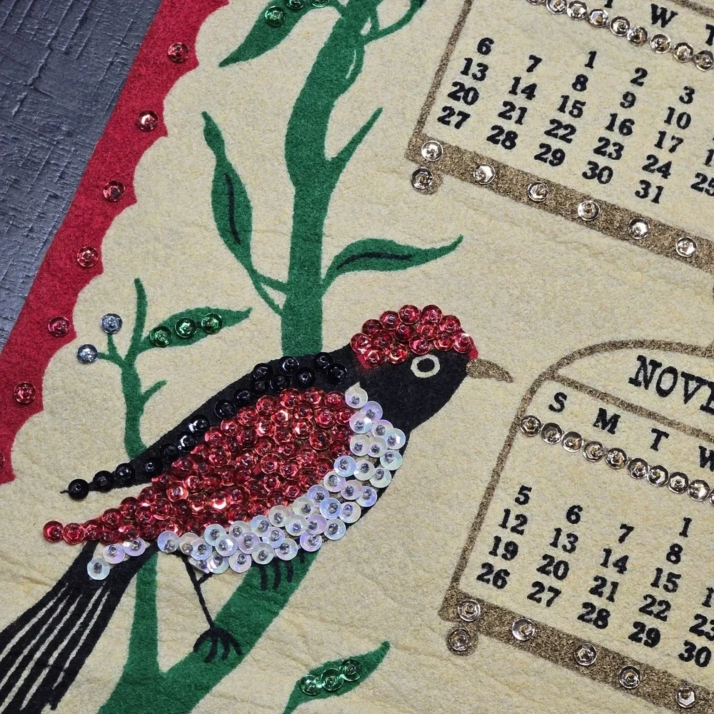 Vintage 1972 Felt Wall Calendar with Sequins, Bird Design